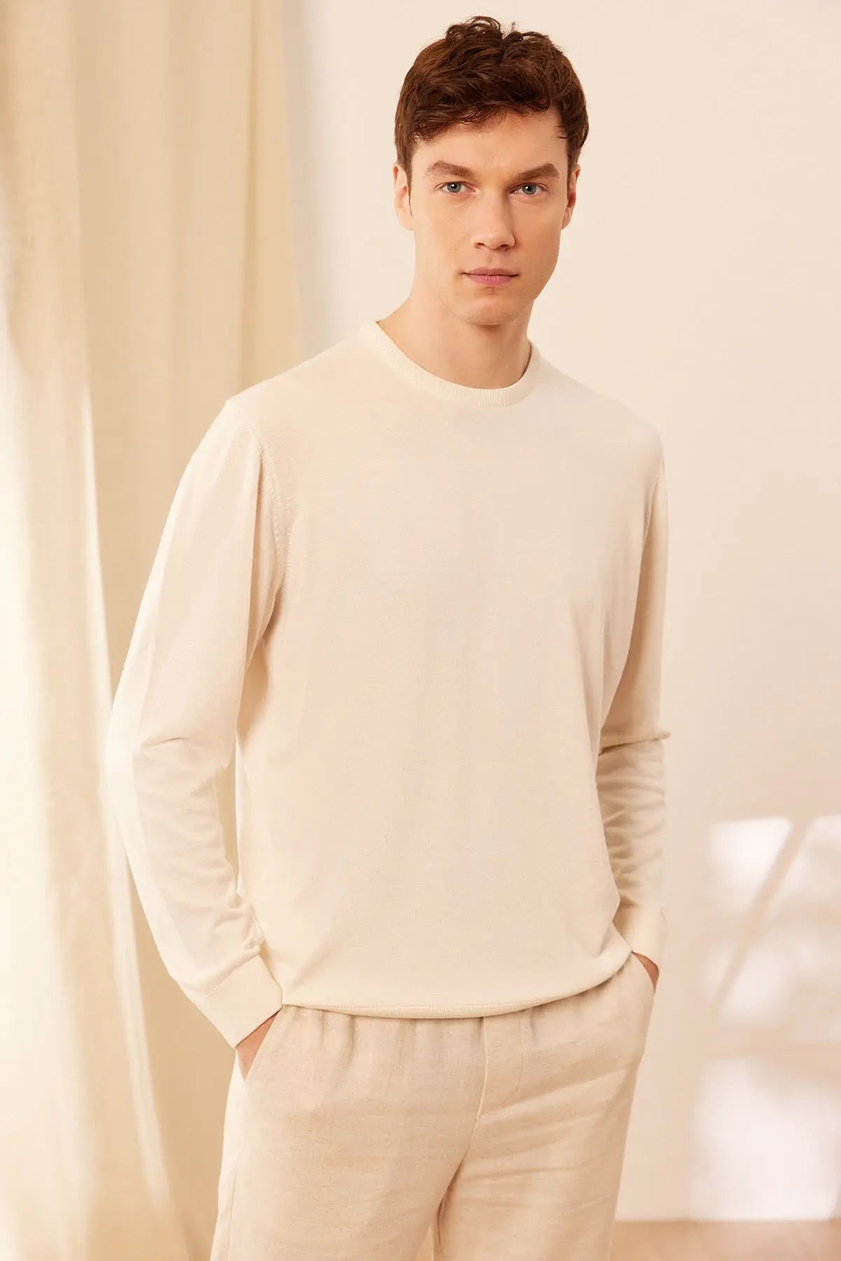 Ekru İpek ve Kaşmir Yuvarlak Yaka Uzun Kollu Utku Erkek Triko Silk and Cashmere