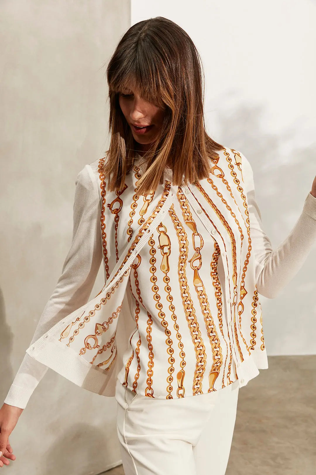 Ekru İpekli Goya Yuvarlak Yaka Uzun Kollu Desenli Hırka Silk and Cashmere