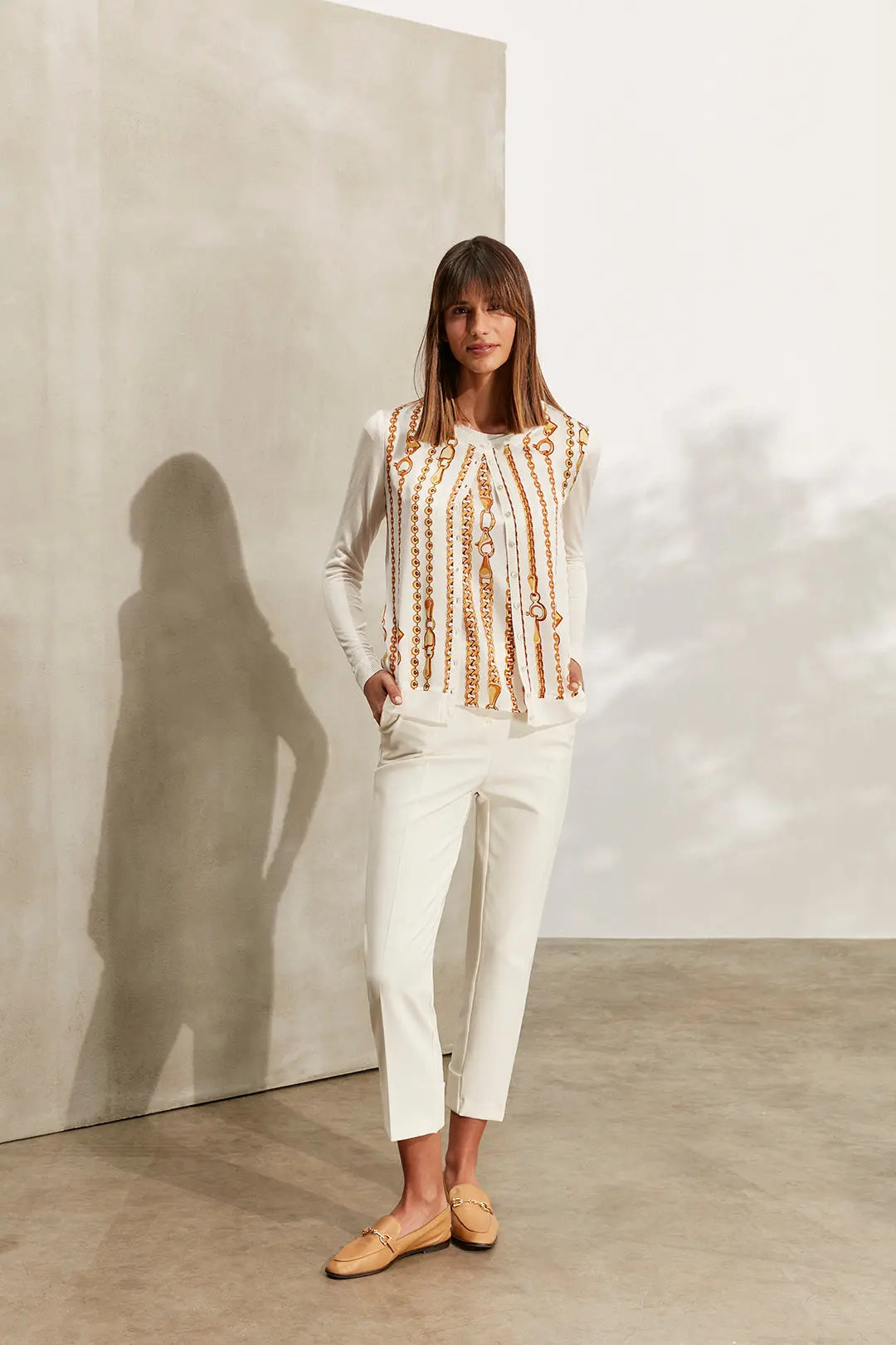 Ekru İpekli Goya Yuvarlak Yaka Uzun Kollu Desenli Hırka Silk and Cashmere