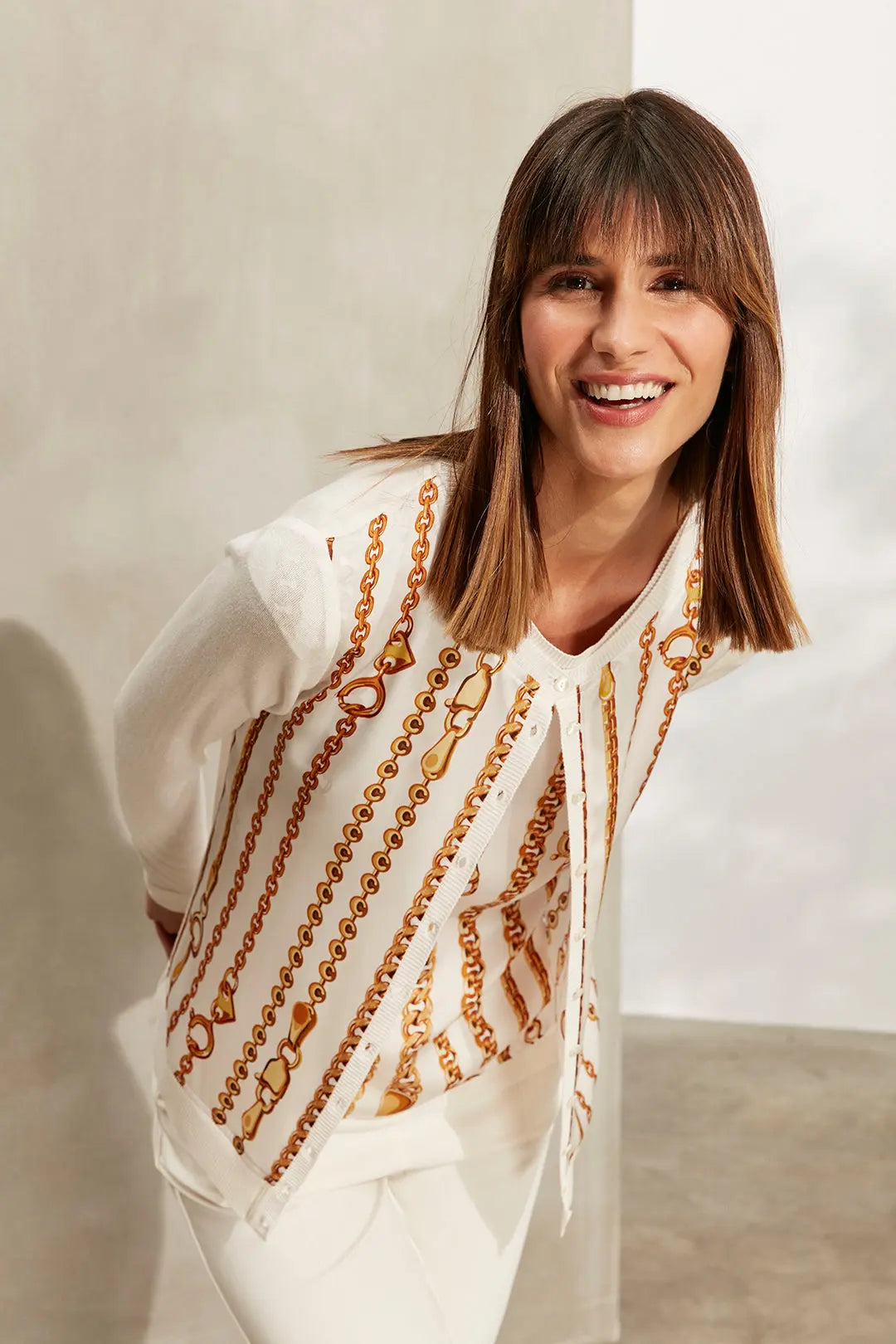 Ekru İpekli Goya Yuvarlak Yaka Uzun Kollu Desenli Hırka Silk and Cashmere