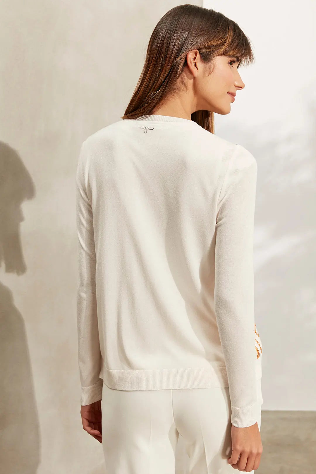 Ekru İpekli Goya Yuvarlak Yaka Uzun Kollu Desenli Hırka Silk and Cashmere