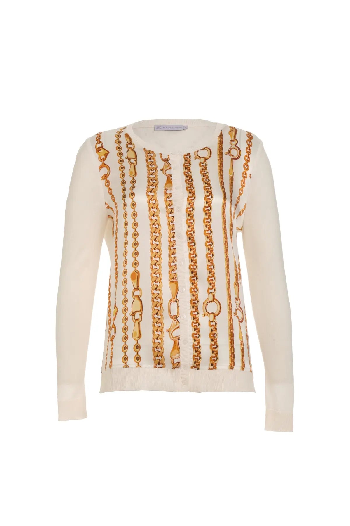 Ekru İpekli Goya Yuvarlak Yaka Uzun Kollu Desenli Hırka Silk and Cashmere