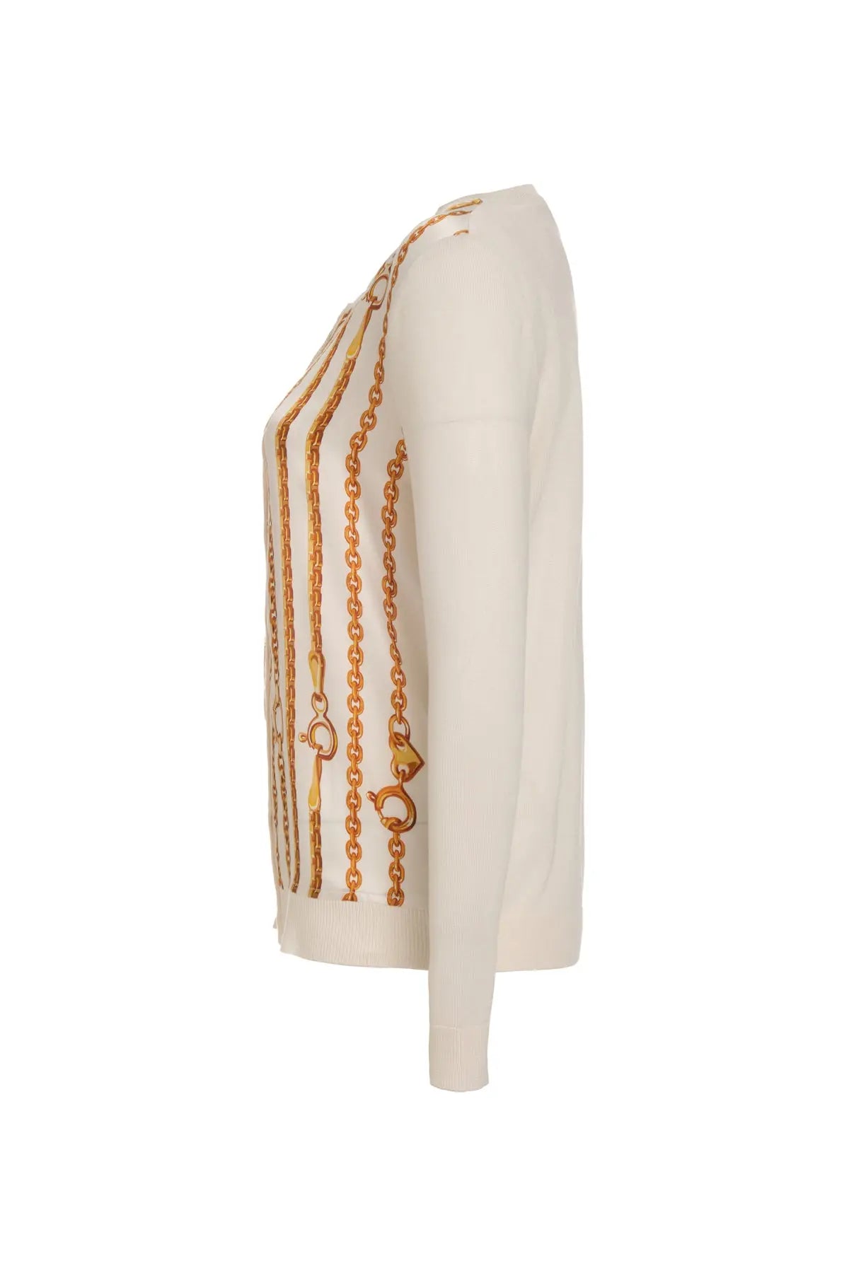 Ekru İpekli Goya Yuvarlak Yaka Uzun Kollu Desenli Hırka Silk and Cashmere