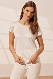Ekru İpekli Monica Yuvarlak Yaka Kısa Kollu Bluz Silk and Cashmere