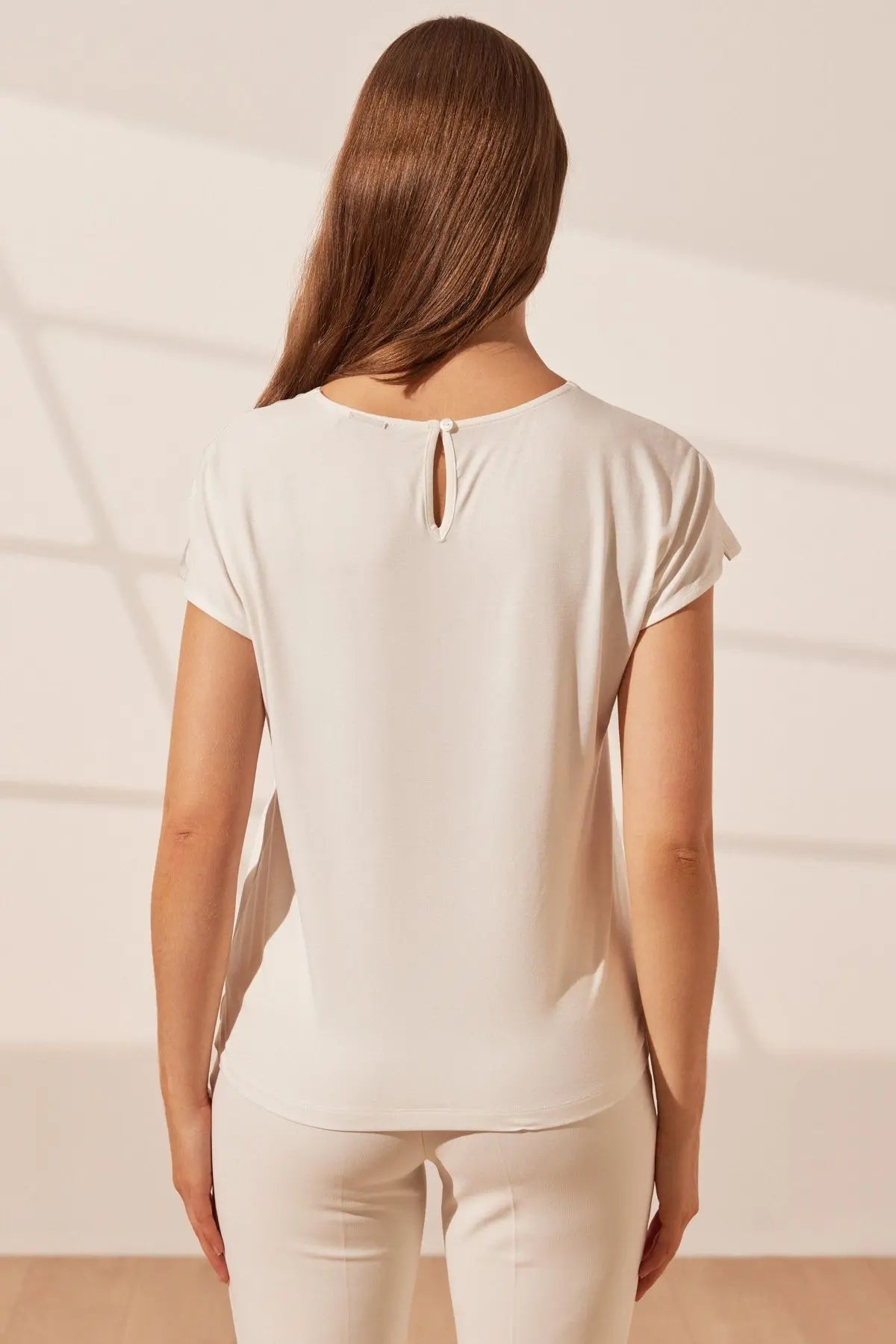 Ekru İpekli Monica Yuvarlak Yaka Kısa Kollu Bluz Silk and Cashmere