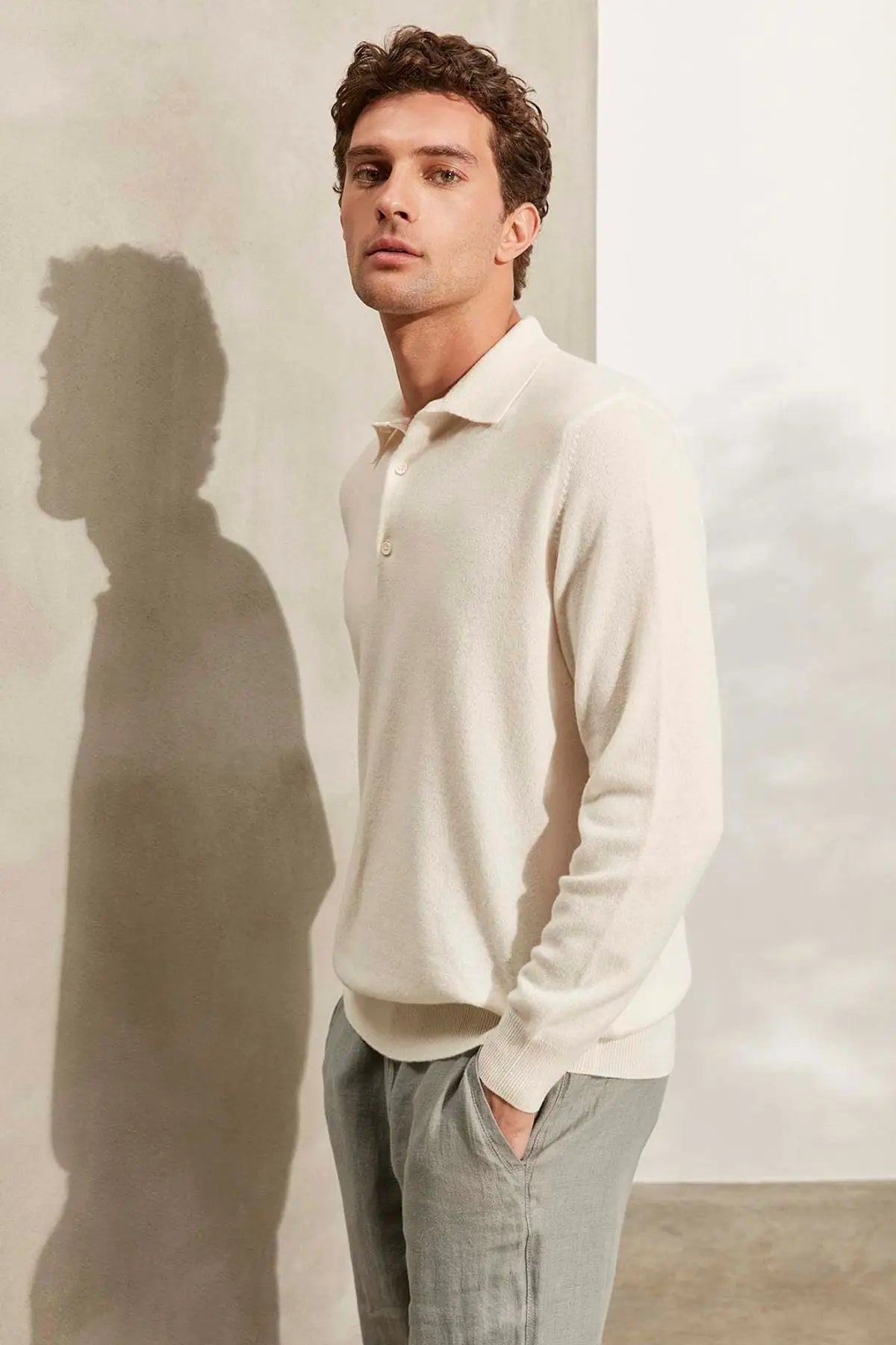 Ekru Saf Kamir Polo Yaka Uzun Kollu Erkek Kazak Silk and Cashmere