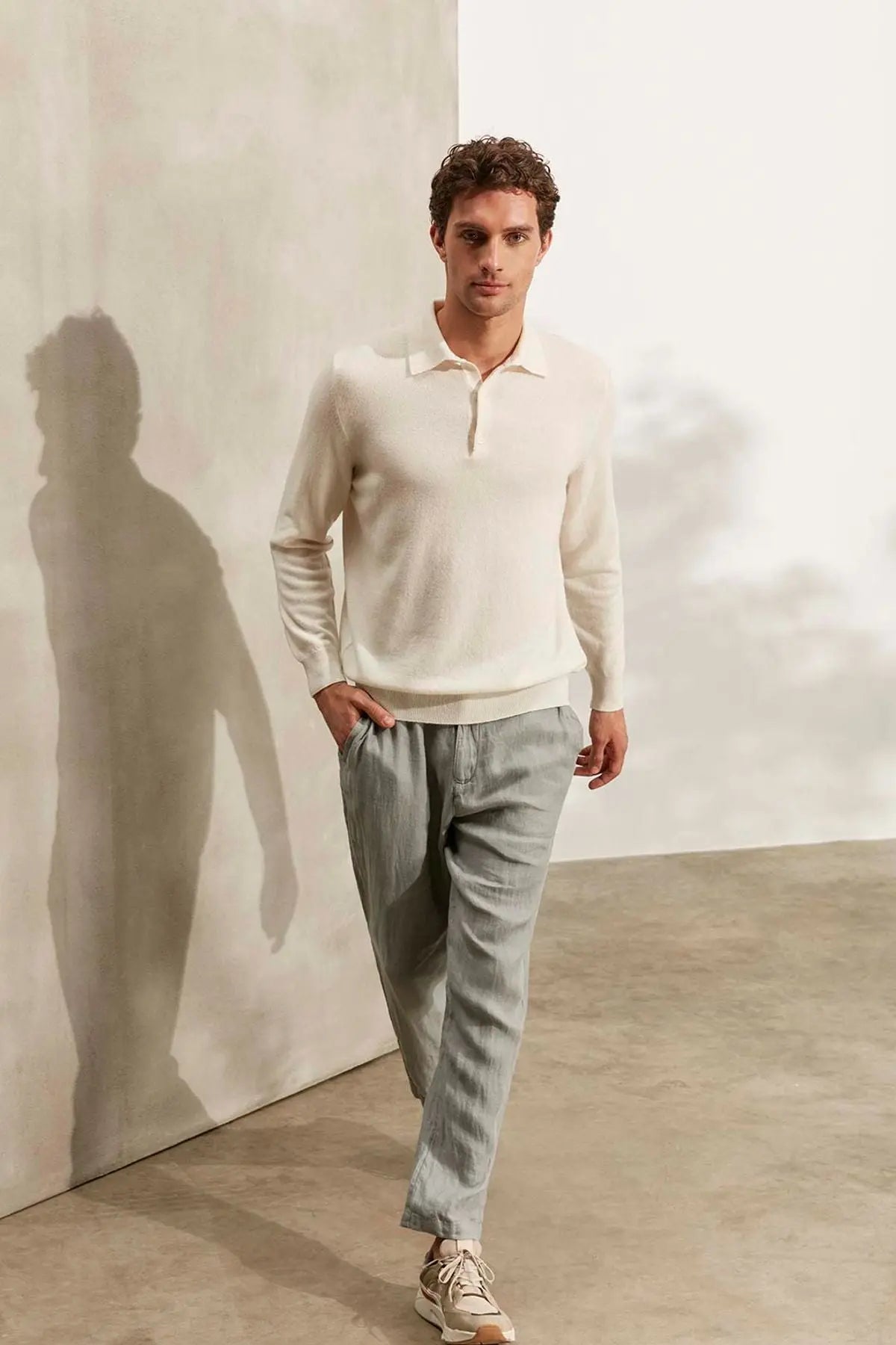 Ekru Saf Kamir Polo Yaka Uzun Kollu Erkek Kazak Silk and Cashmere