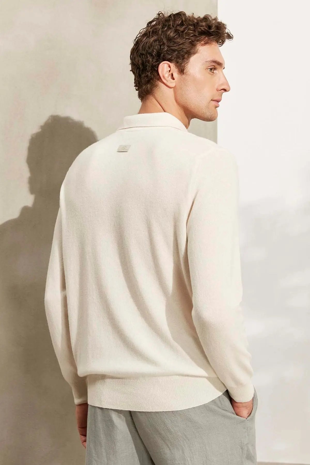 Ekru Saf Kamir Polo Yaka Uzun Kollu Erkek Kazak Silk and Cashmere