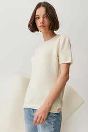 Ekru Saf Kaşmir Basic  Yuvarlak Yaka Kısa Kollu Kazak Silk and Cashmere