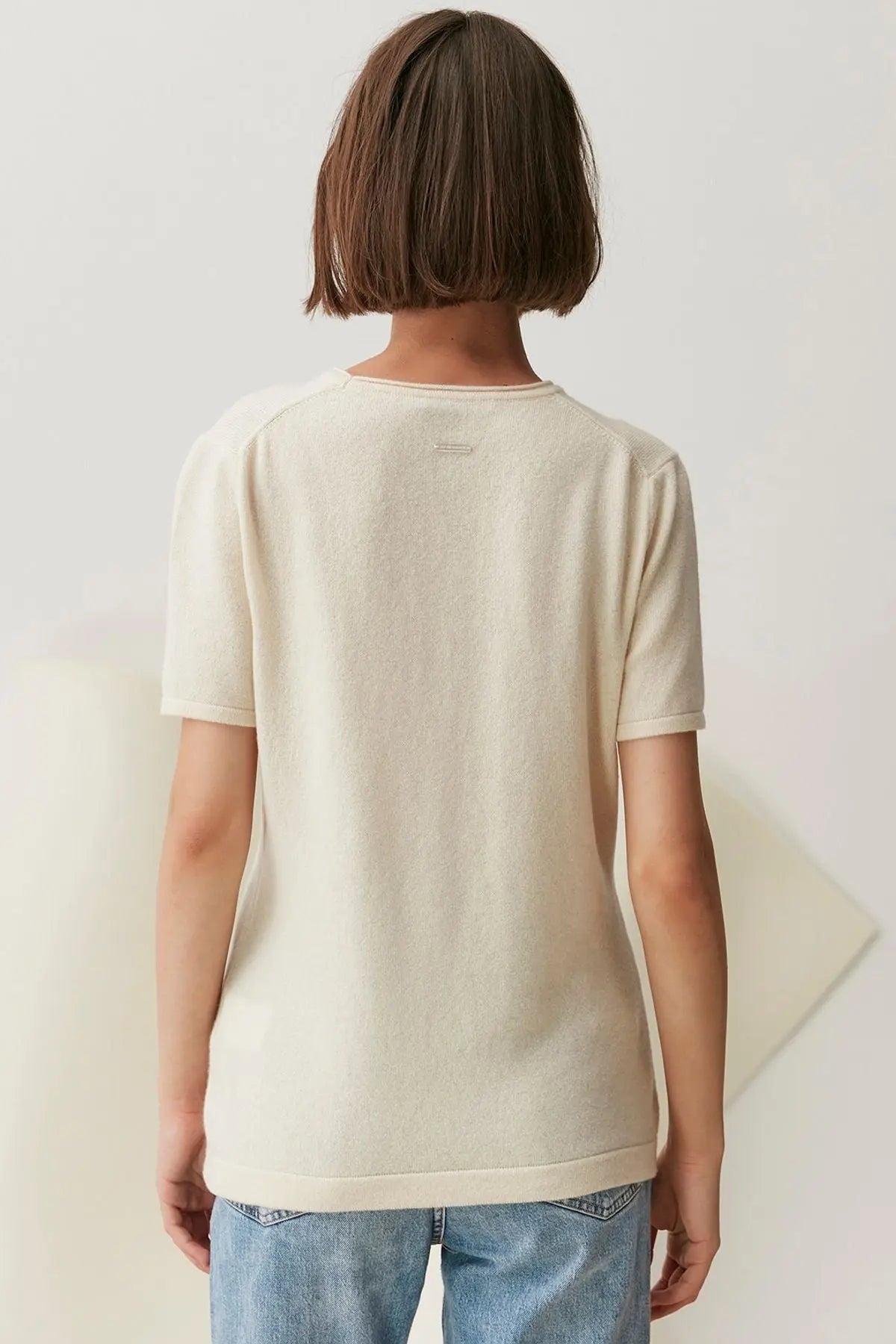 Ekru Saf Kaşmir Basic  Yuvarlak Yaka Kısa Kollu Kazak Silk and Cashmere