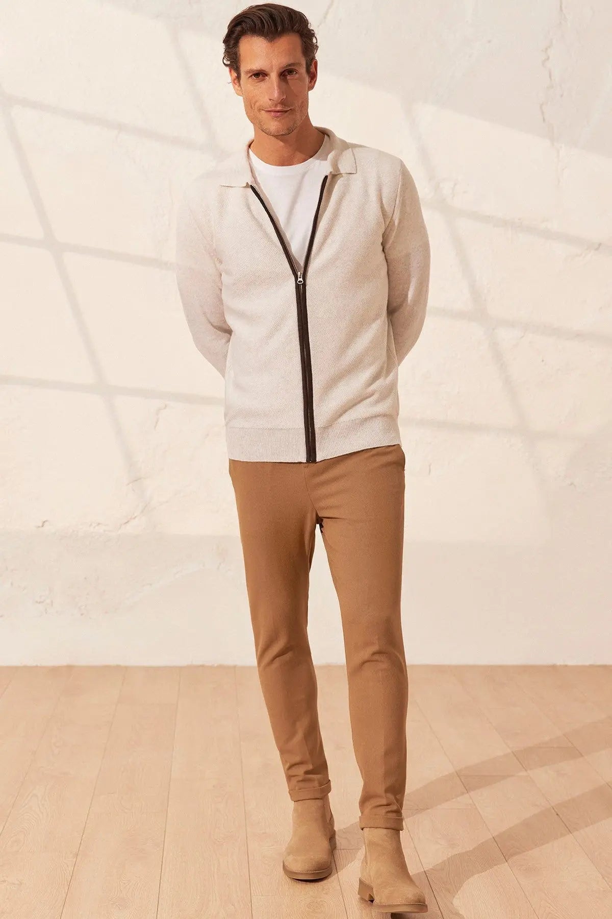 Ekru Tricennial Saf Kaşmir Balık Sırtı Desenli Uzun Kollu Erkek Fermuarlı Hırka Silk and Cashmere