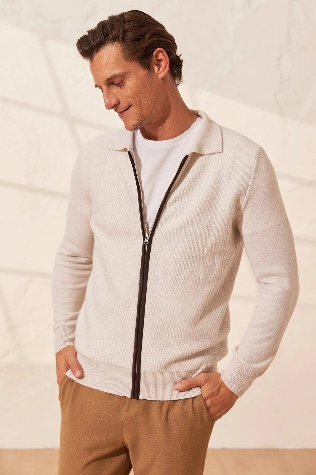 Ekru Tricennial Saf Kaşmir Balık Sırtı Desenli Uzun Kollu Erkek Fermuarlı Hırka Silk and Cashmere