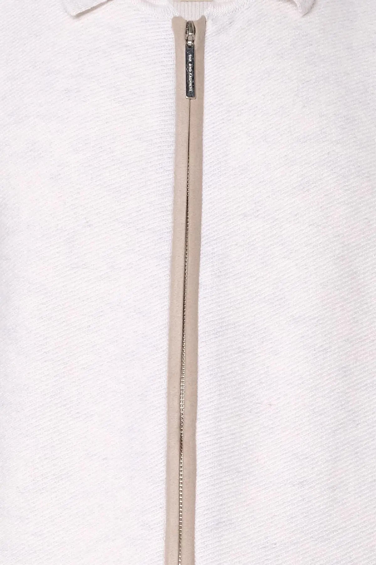 Ekru Tricennial Saf Kaşmir Balık Sırtı Desenli Uzun Kollu Erkek Fermuarlı Hırka Silk and Cashmere