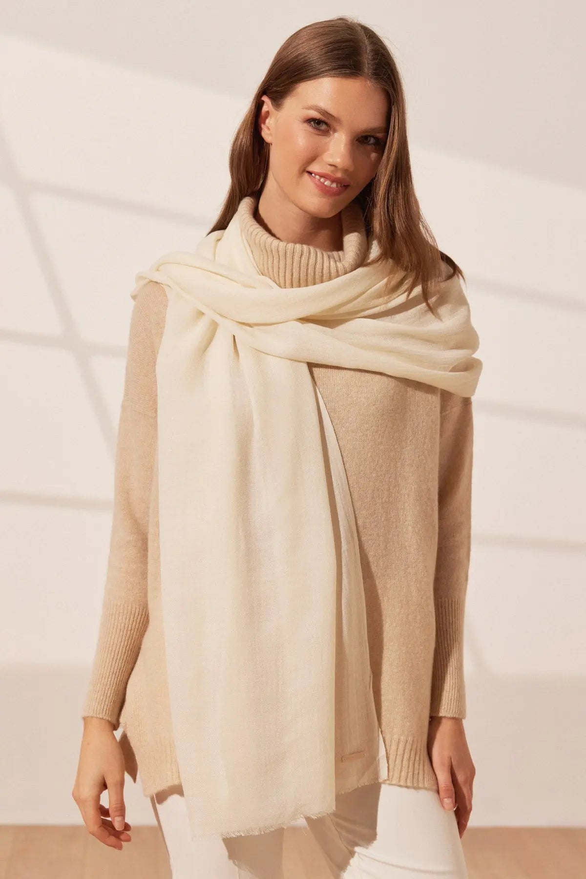 Ekru & More Vish Düz Renk Kaşkol Atkı 30 x 180 cm Silk and Cashmere