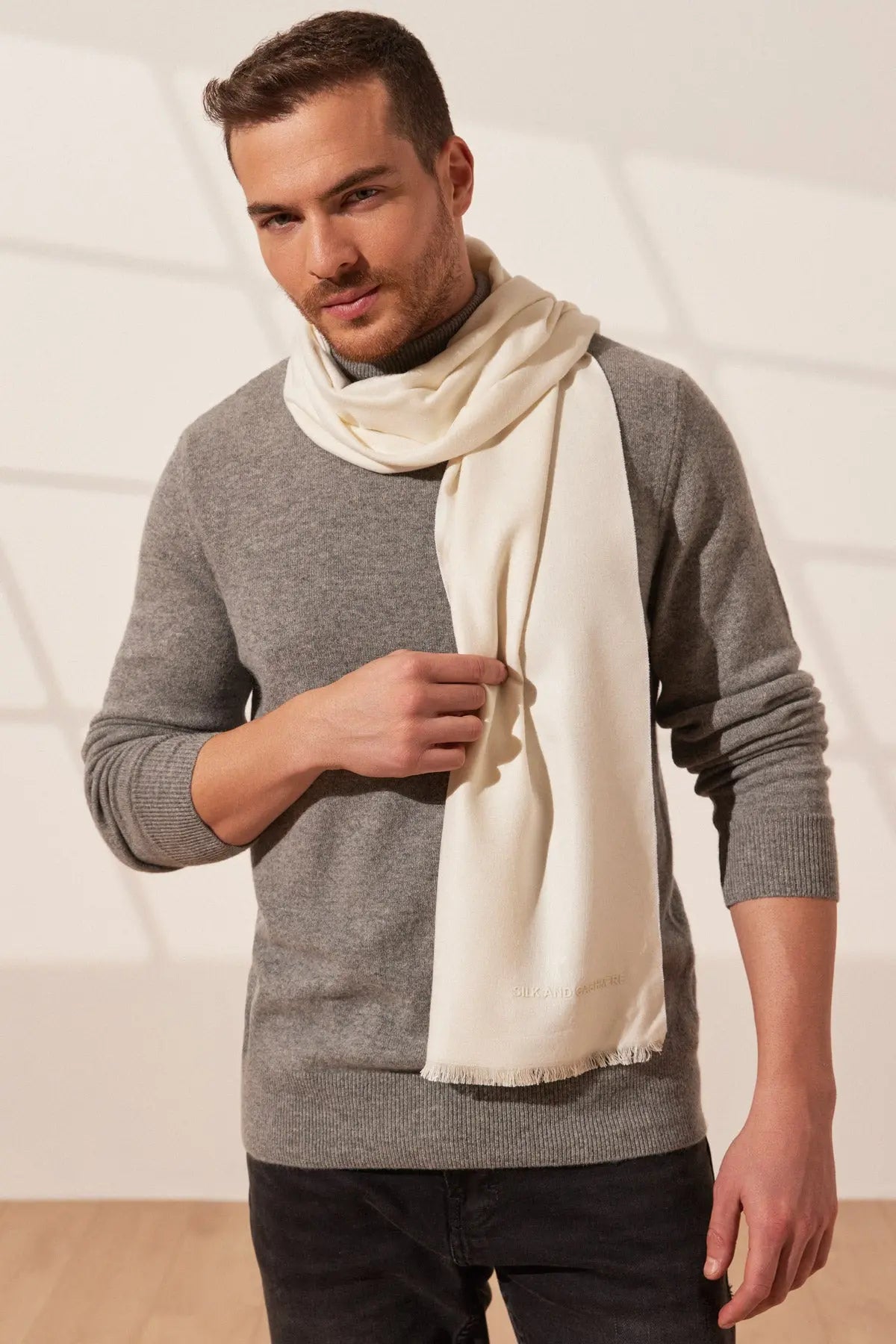 Ekru & More Vish Düz Renk Kaşkol Atkı 30 x 180 cm Silk and Cashmere