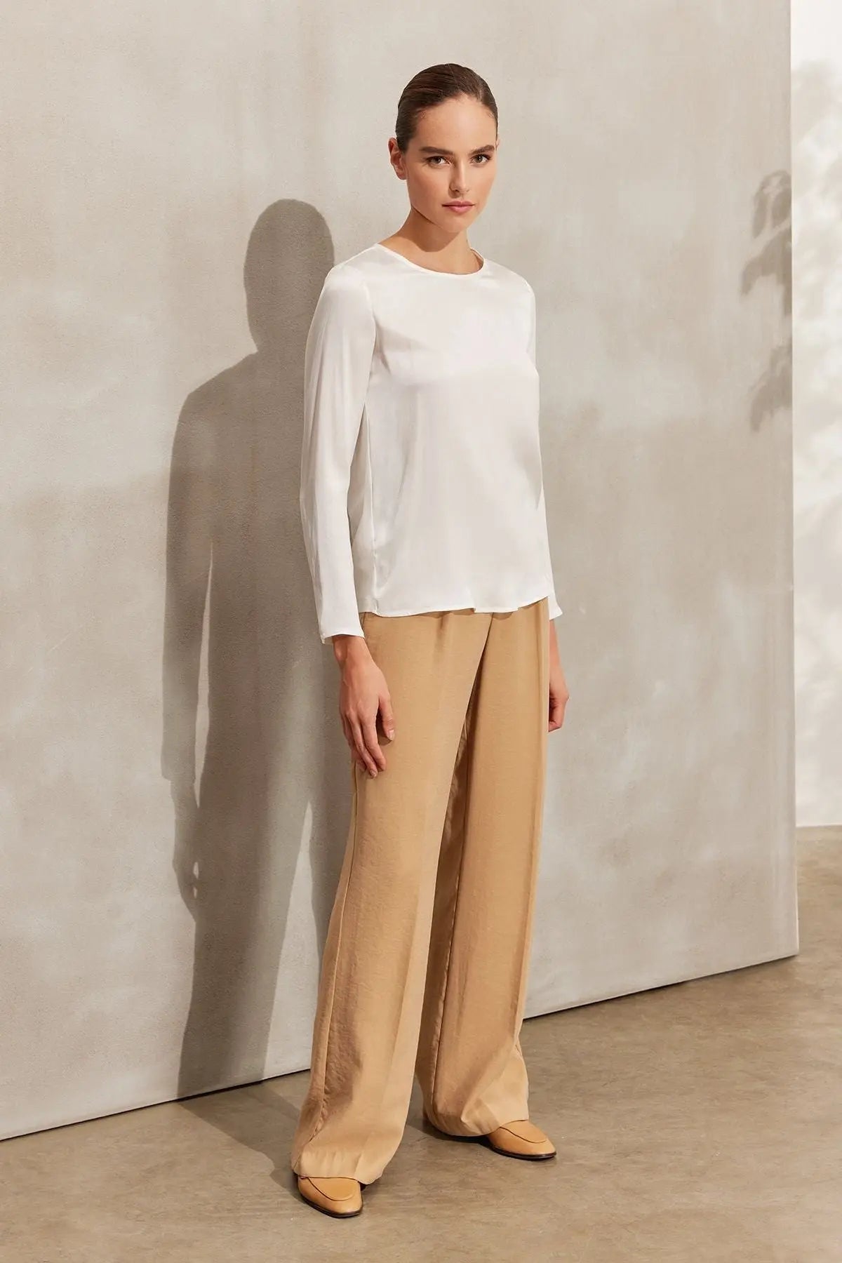 Ekru pekli Monica Yuvarlak Yaka Uzun Kol Bluz Silk and Cashmere