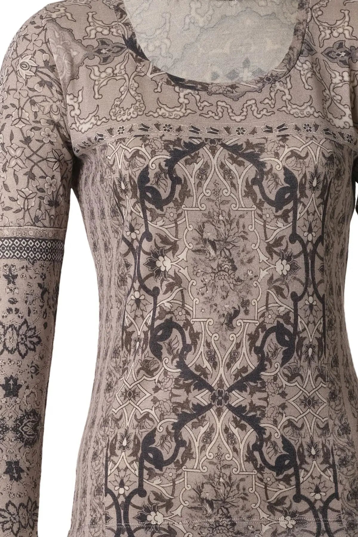 Gri İpekli Sasha Şal Desenli  Yuvarlak Yaka Uzun Kollu Triko Silk and Cashmere