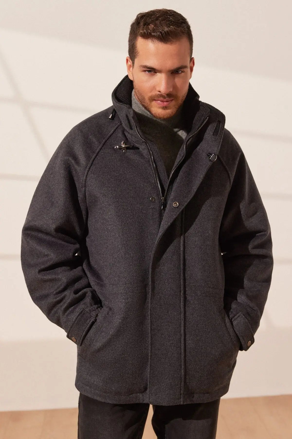 Gri Kaşmir Yün Karışımlı Gizli Kapüşonlu Brent Erkek Kaban & Mont Silk and Cashmere