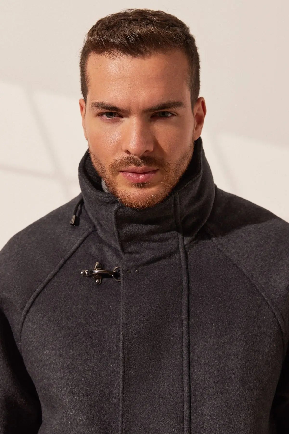 Gri Kaşmir Yün Karışımlı Gizli Kapüşonlu Brent Erkek Kaban & Mont Silk and Cashmere