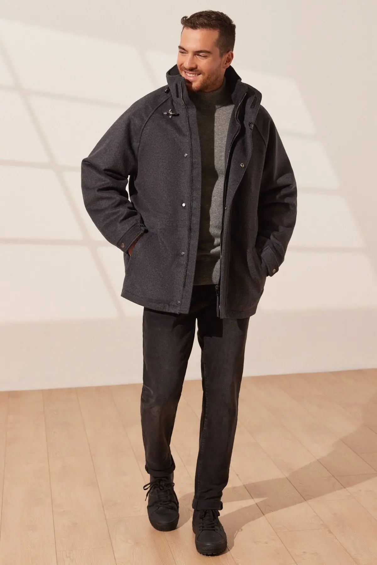 Gri Kaşmir Yün Karışımlı Gizli Kapüşonlu Brent Erkek Kaban & Mont Silk and Cashmere