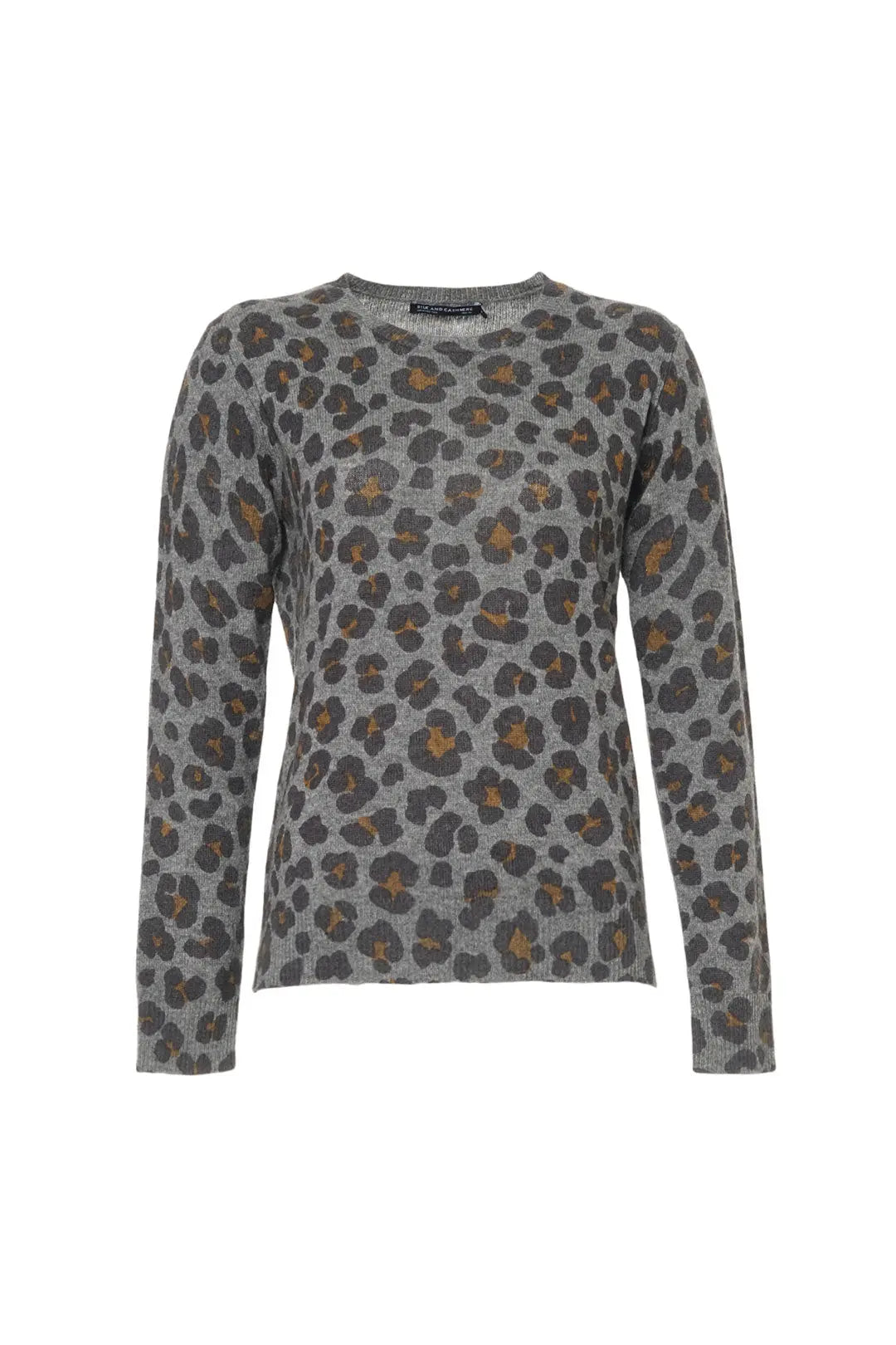 Gri Kaşmir Yün Leopar Baskılı Yuvarlak Yaka Uzun Kollu Kazak Silk and Cashmere