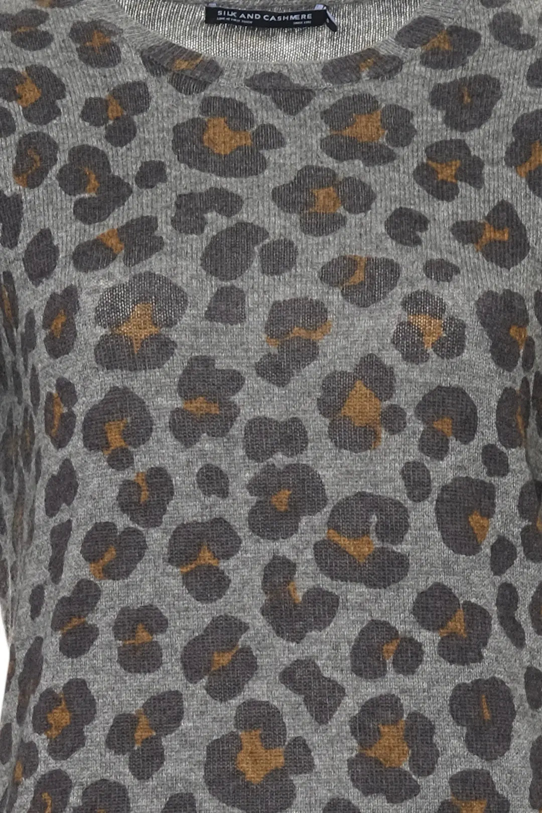 Gri Kaşmir Yün Leopar Baskılı Yuvarlak Yaka Uzun Kollu Kazak Silk and Cashmere