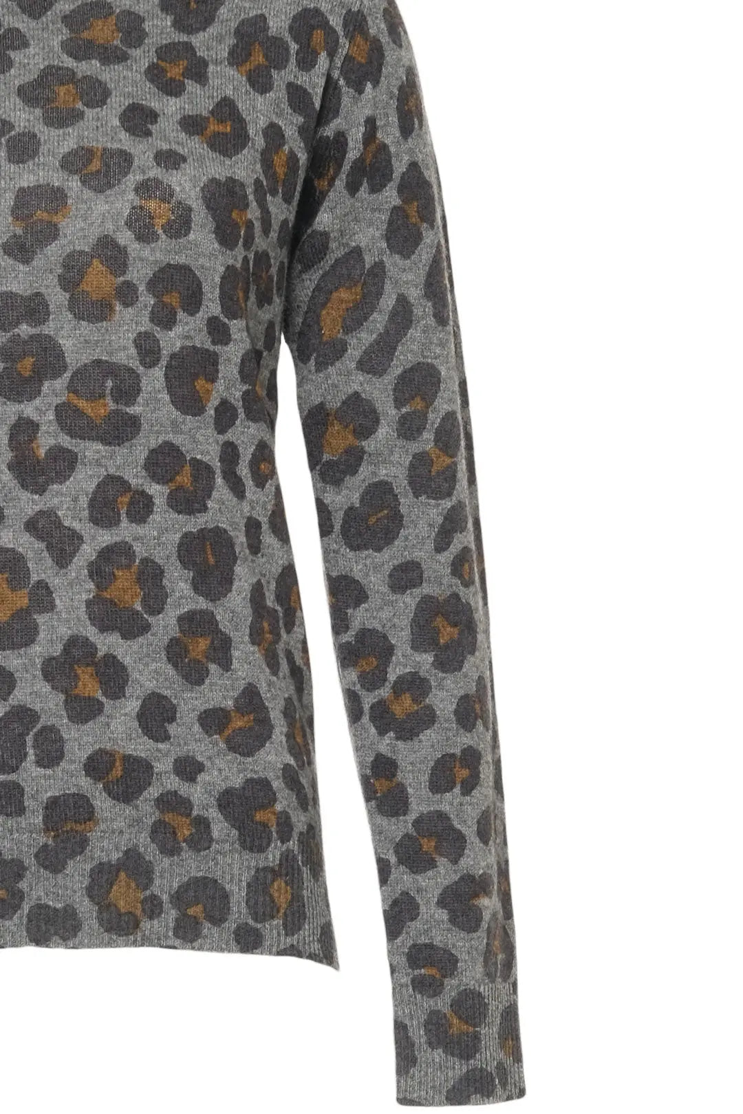 Gri Kaşmir Yün Leopar Baskılı Yuvarlak Yaka Uzun Kollu Kazak Silk and Cashmere