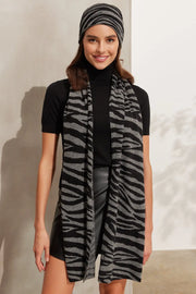 Gri Kaşmir Yün Zebra Baskılı Atkı 35 x 195 cm Silk and Cashmere