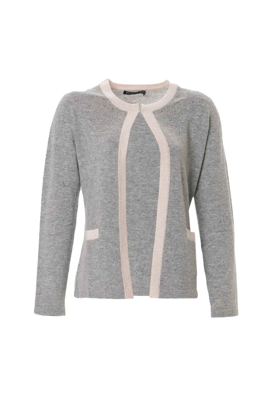 Gri Merill Merino Yünü Kaşmir Işıltılı Taş Detaylı Yuvarlak Yaka Uzun Kollu Kadın Hırka Silk and Cashmere