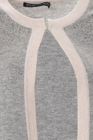 Gri Merill Merino Yünü Kaşmir Işıltılı Taş Detaylı Yuvarlak Yaka Uzun Kollu Kadın Hırka Silk and Cashmere