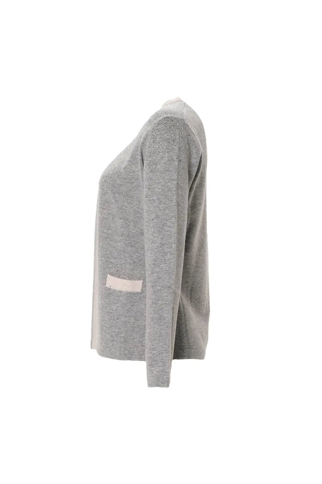 Gri Merill Merino Yünü Kaşmir Işıltılı Taş Detaylı Yuvarlak Yaka Uzun Kollu Kadın Hırka Silk and Cashmere