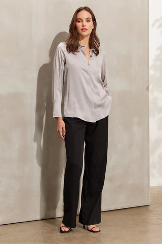 Gri Saf İpek Audrey Uzun Kollu Kadın Gömlek Silk and Cashmere