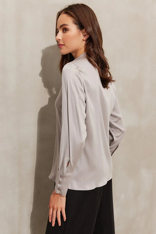 Gri Saf İpek Audrey Uzun Kollu Kadın Gömlek Silk and Cashmere