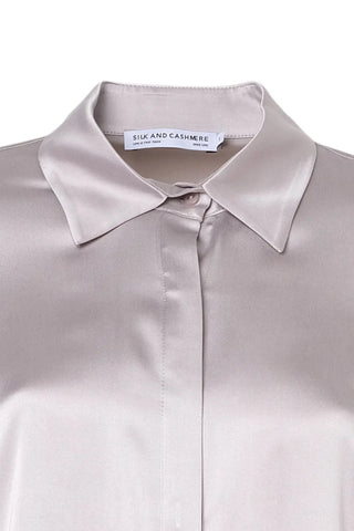 Gri Saf İpek Audrey Uzun Kollu Kadın Gömlek Silk and Cashmere