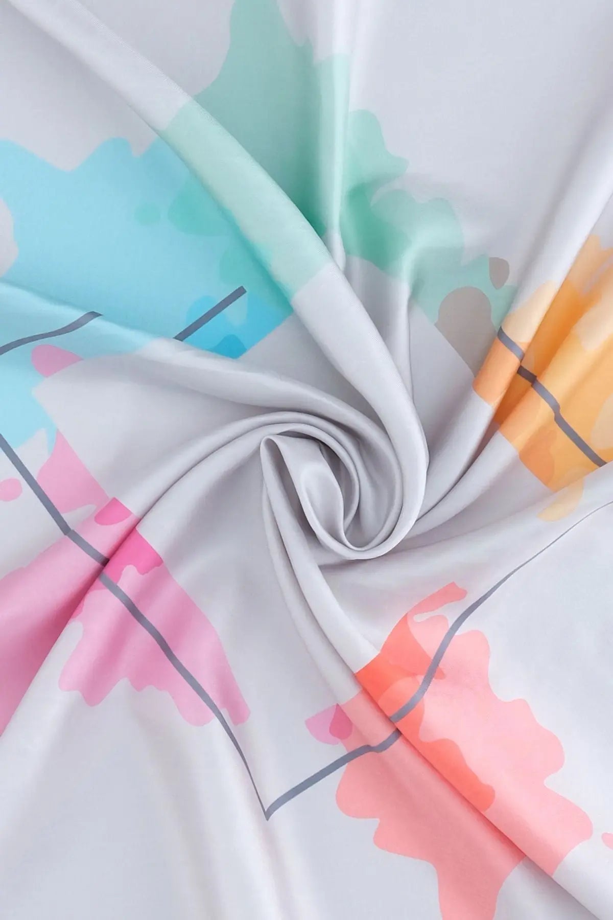 Gri Saf İpek Geometrik Desenli Kare Eşarp 90 x 90 cm Silk and Cashmere