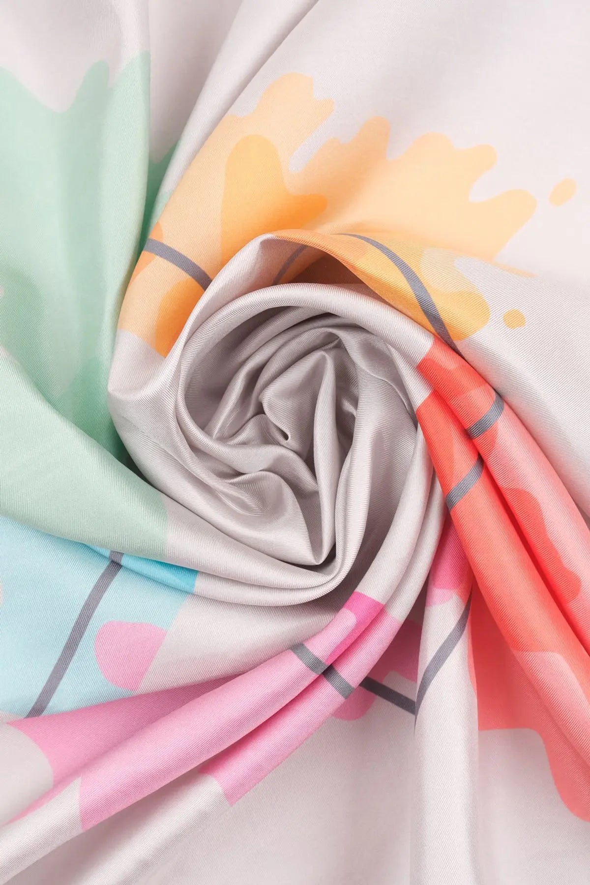 Gri Saf İpek Geometrik Desenli Kare Eşarp 90 x 90 cm Silk and Cashmere