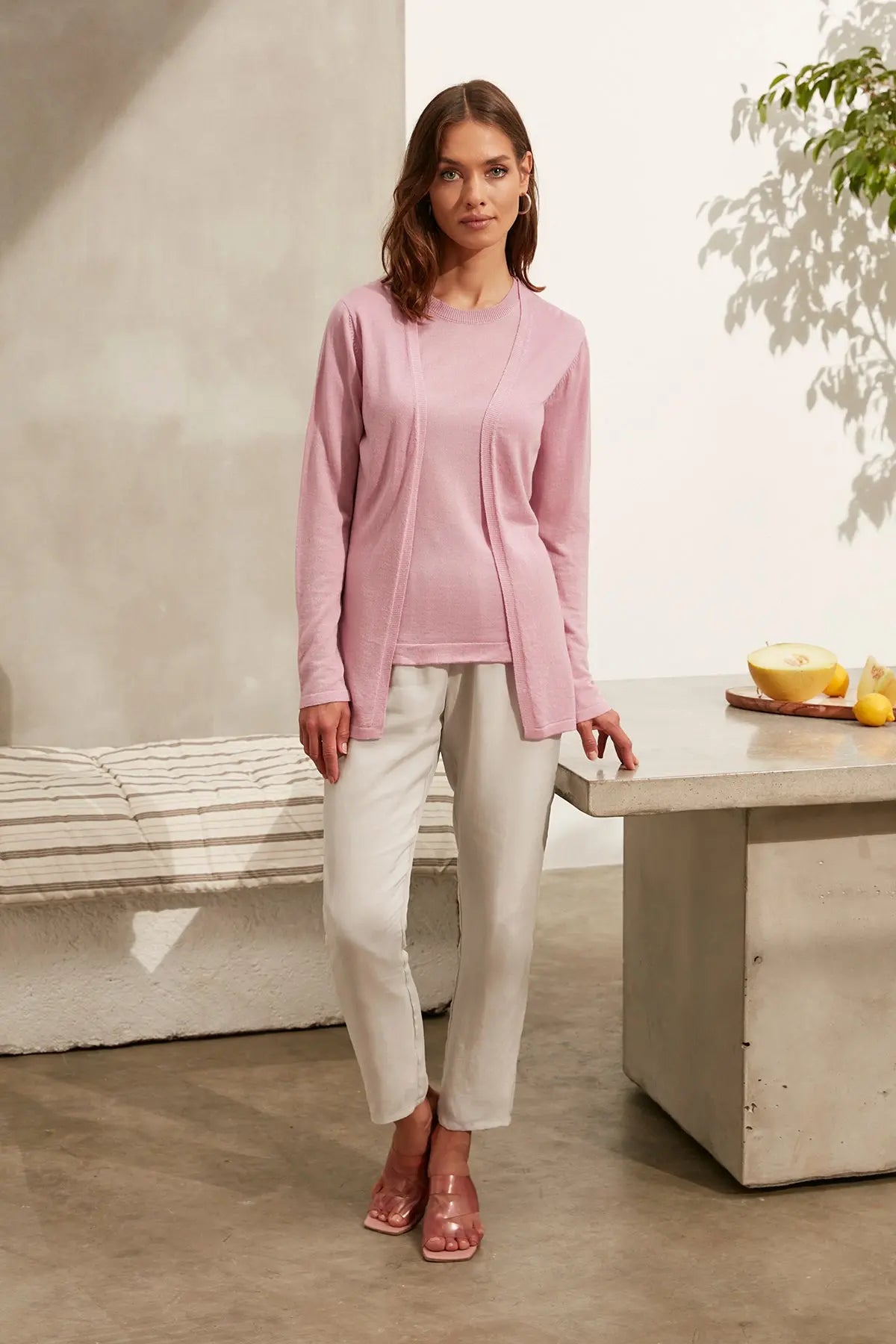 Gül Kurusu İpek Pamuk Melinda Düğmesiz Rahat Kesim Uzun Kollu Yazlık Hırka Silk and Cashmere