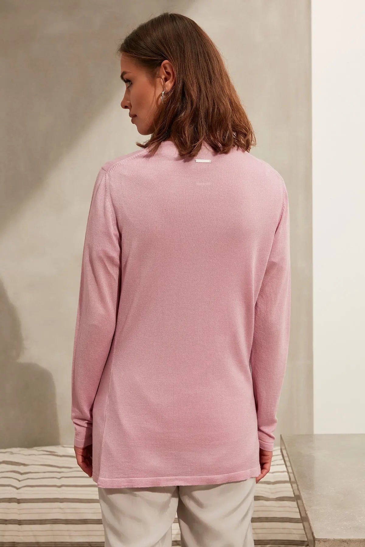 Gül Kurusu İpek Pamuk Melinda Düğmesiz Rahat Kesim Uzun Kollu Yazlık Hırka Silk and Cashmere