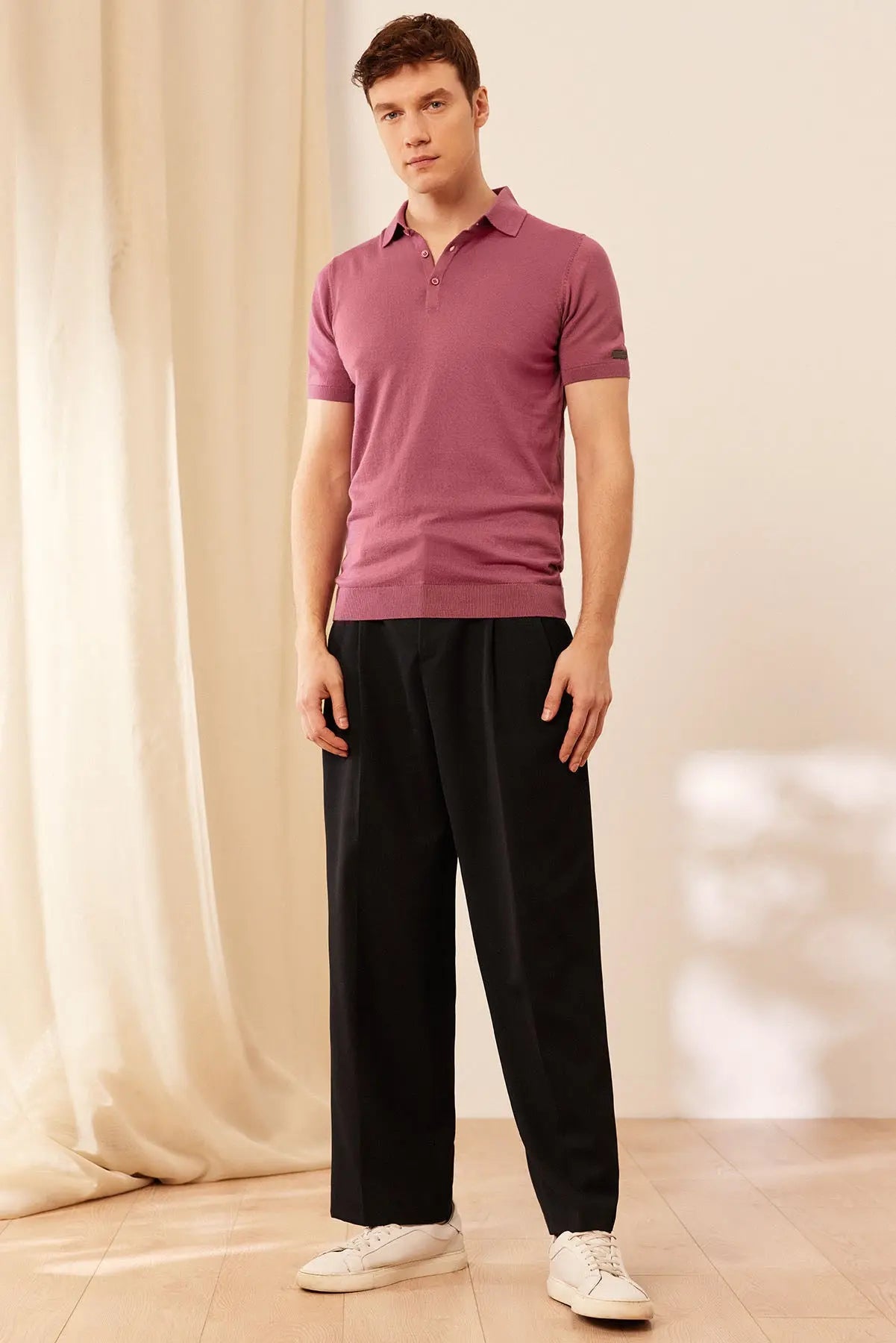 Gül Kurusu İpek Pamuk Polo Yaka Kısa Kollu Quentin Erkek Triko Tişört Silk and Cashmere