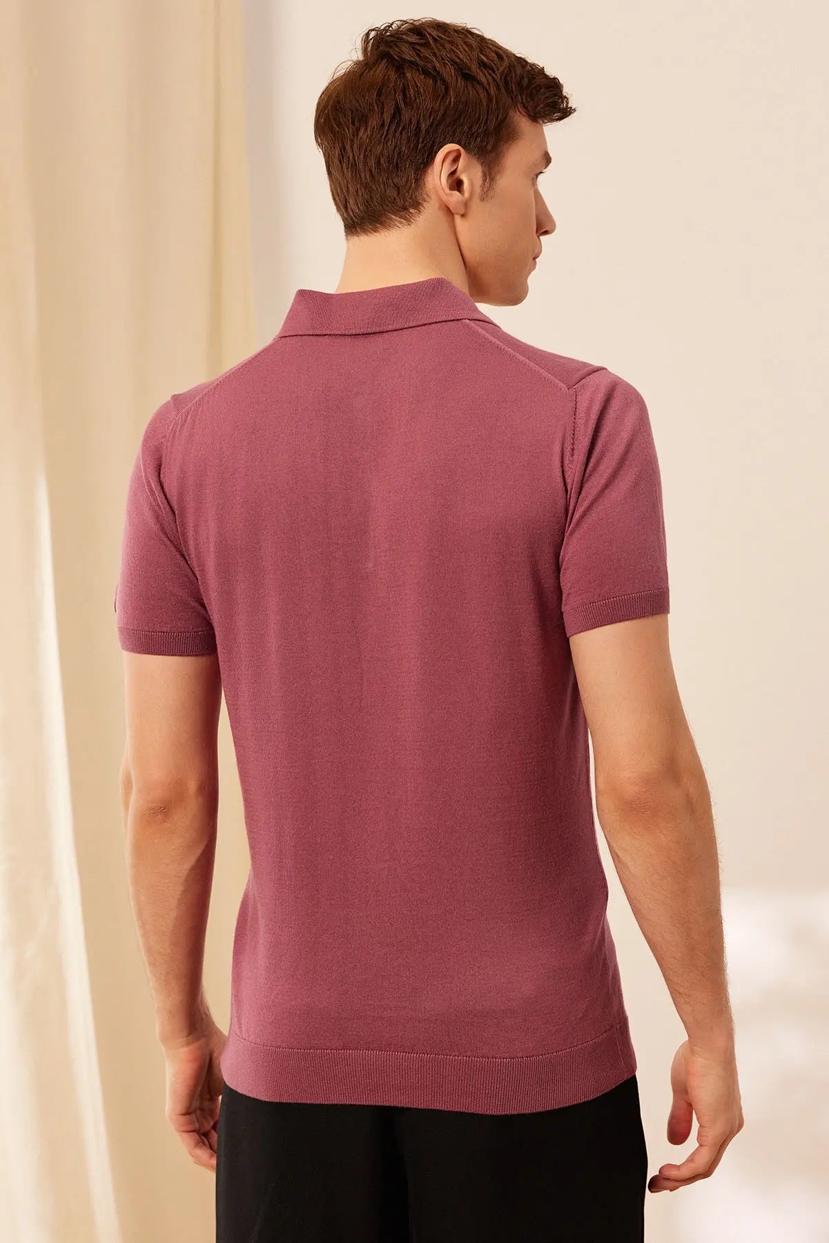 Gül Kurusu İpek Pamuk Polo Yaka Kısa Kollu Quentin Erkek Triko Tişört Silk and Cashmere