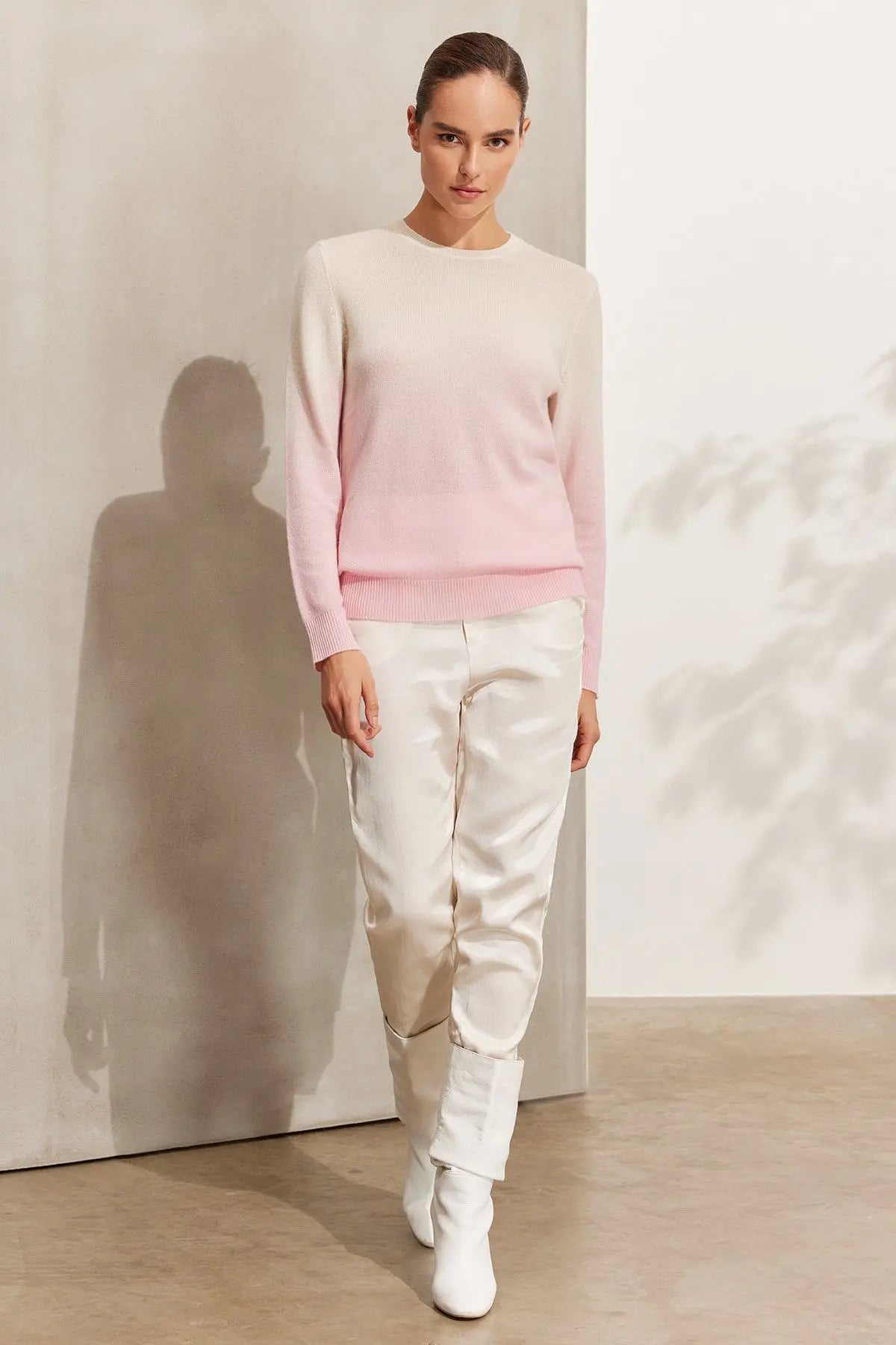 Gül Kurusu Kamir Yün Degrade Yuvarlak Yaka Uzun Kollu Kazak Silk and Cashmere