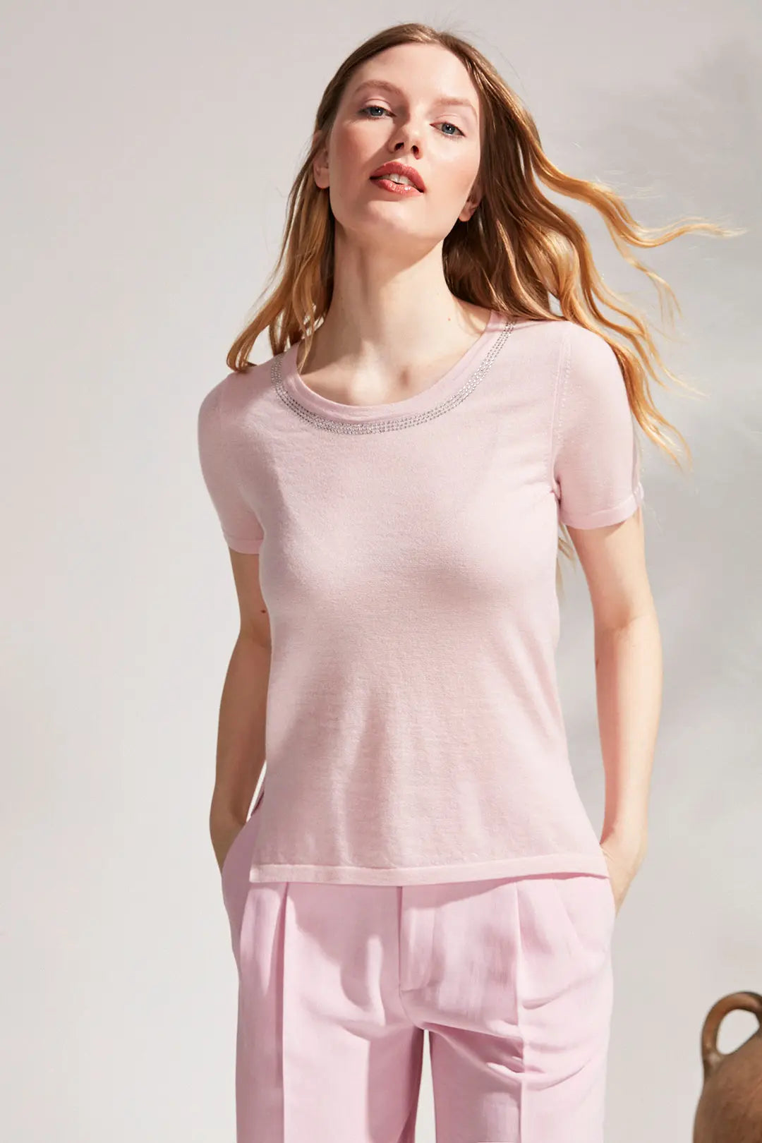 Gül Kurusu Kaşmir Karışımlı Venüs Taş Detaylı Kısa Kollu Kazak Silk and Cashmere