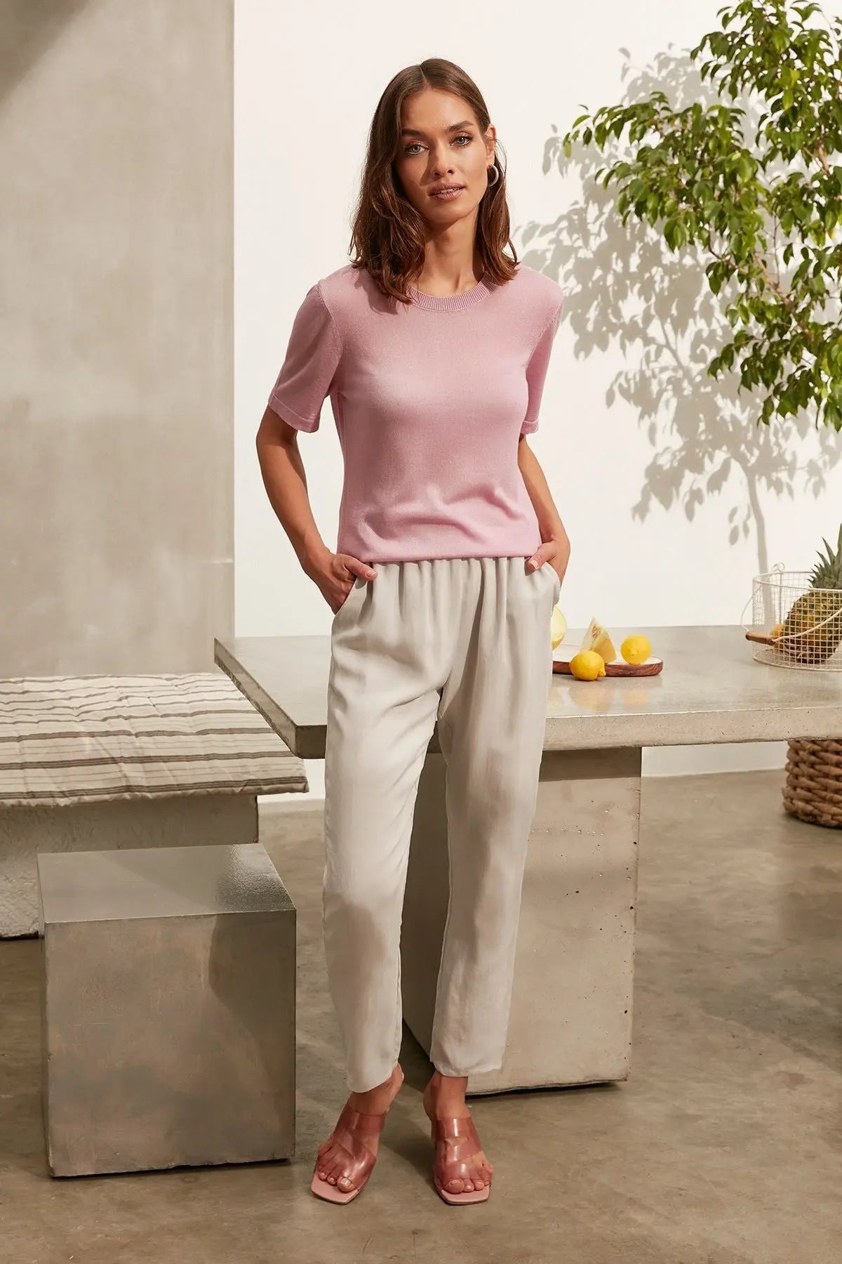 Gül Kurusu Kaşmirli Melinda Yuvarlak Yaka Kısa Kollu Triko Silk and Cashmere