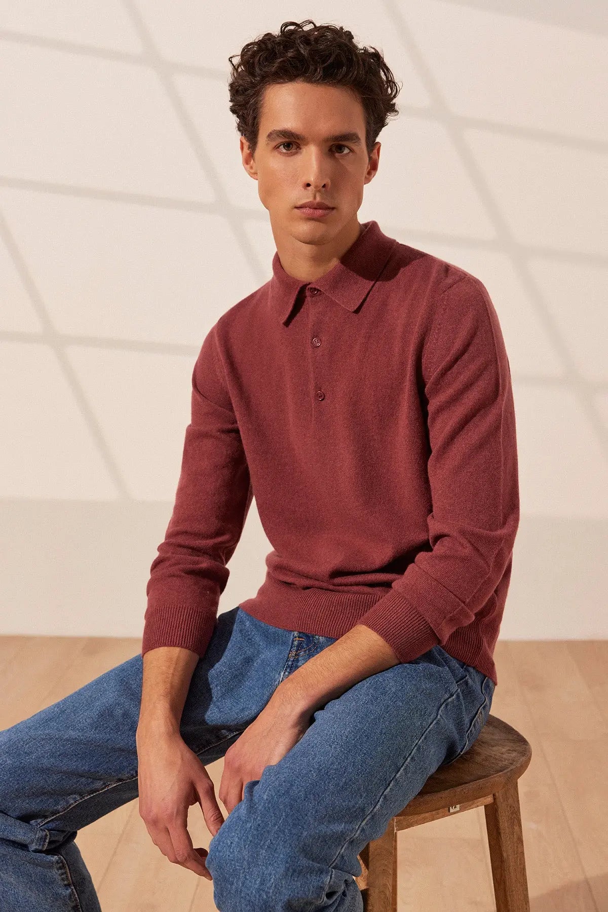 Gül Kurusu Saf Kamir Polo Yaka Uzun Kollu Erkek Kazak Silk and Cashmere