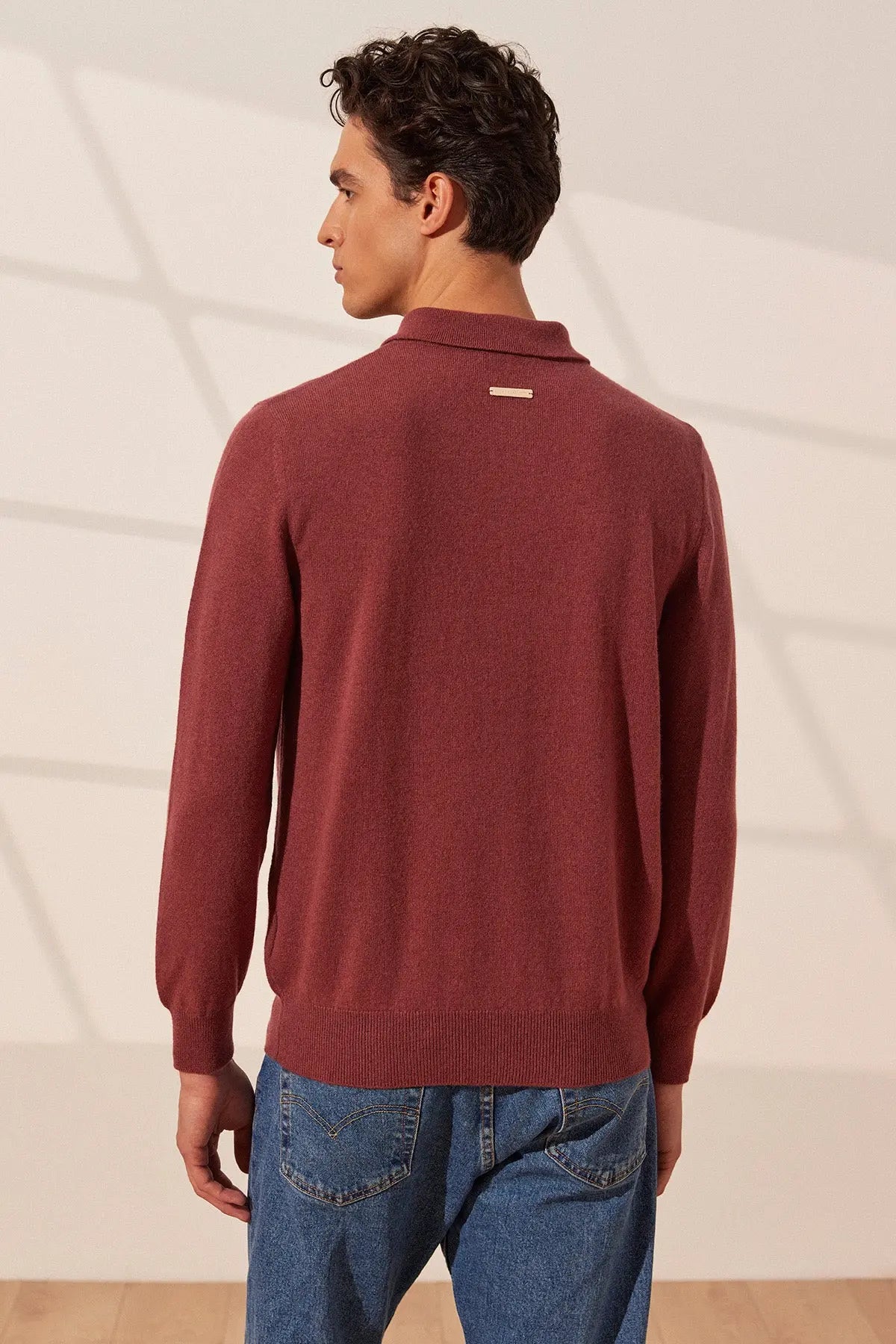 Gül Kurusu Saf Kamir Polo Yaka Uzun Kollu Erkek Kazak Silk and Cashmere