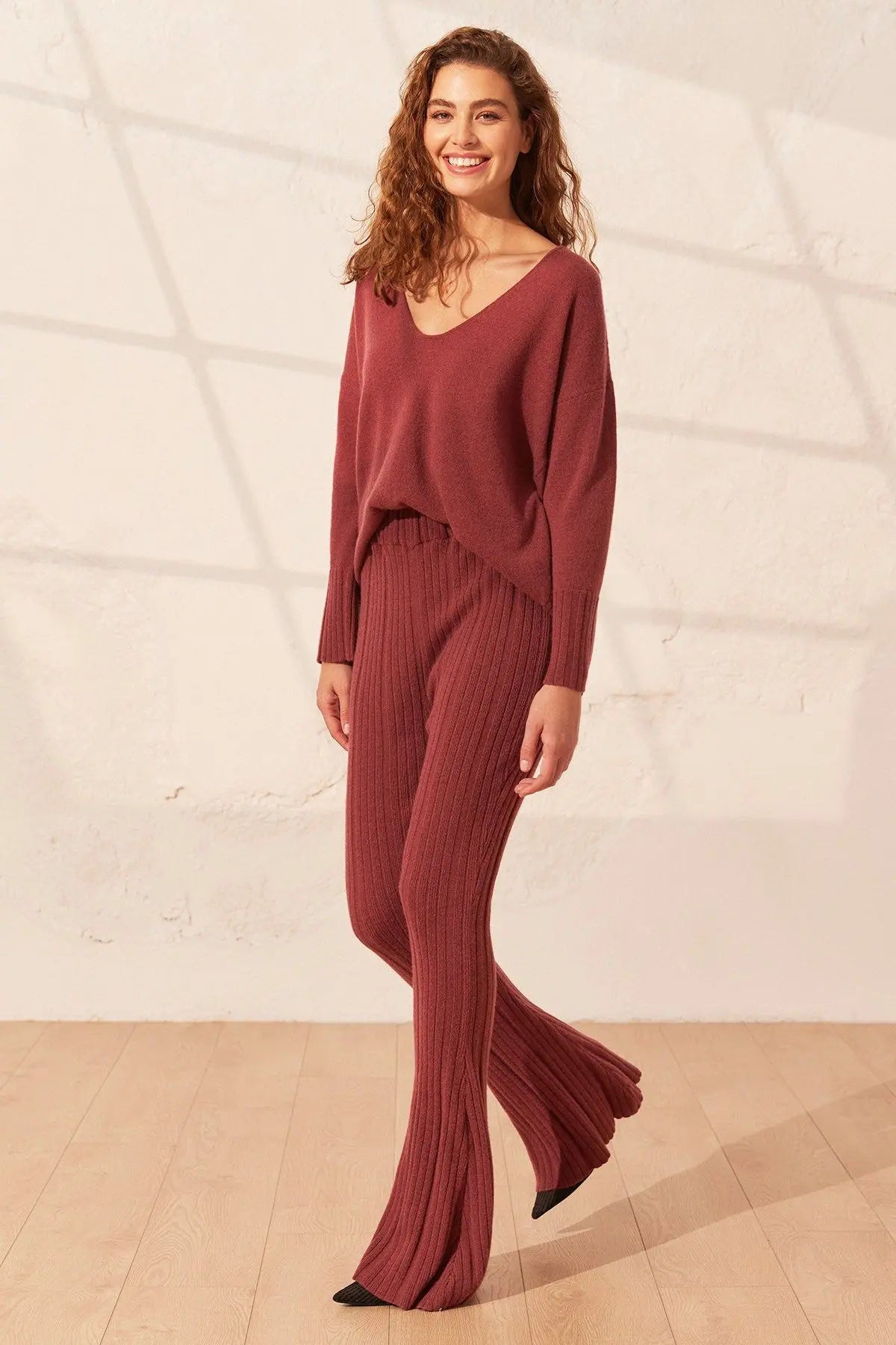 Gül Kurusu Saf Kaşmir Tricennial  İspanyol Paça Kadın Pantolon Silk and Cashmere