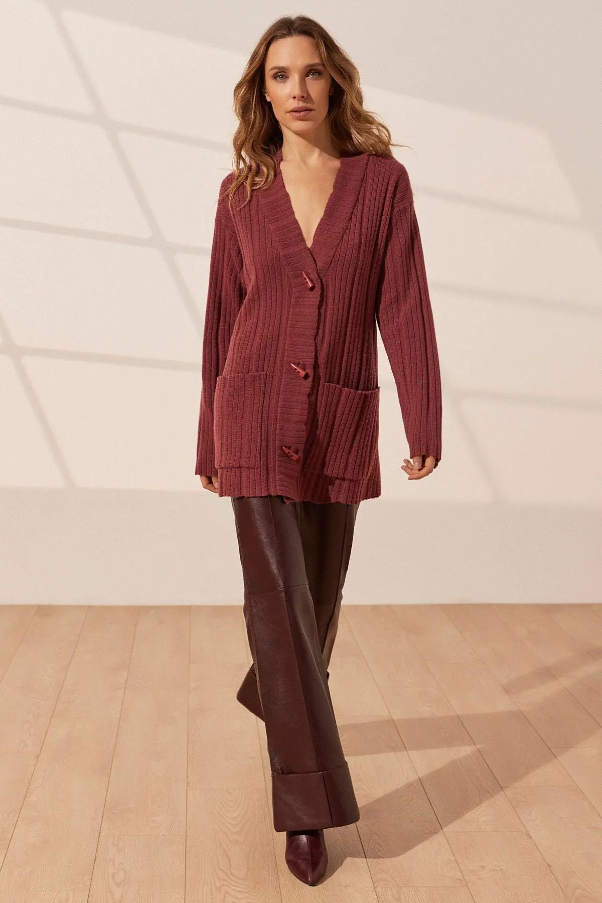 Gül Kurusu Saf Kaşmir Tricennial V Yaka Uzun Kollu Kadın Hırka Silk and Cashmere