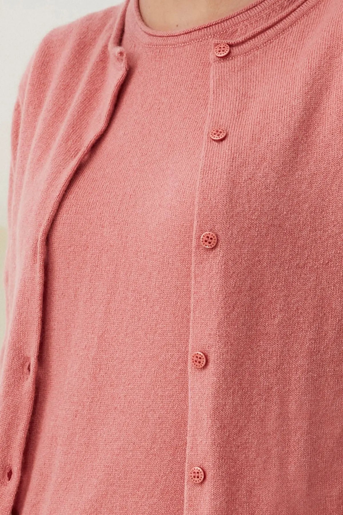 Gül Kurusu Saf Kaşmir Yuvarlak Yaka Uzun Kollu Basic Hırka Silk and Cashmere