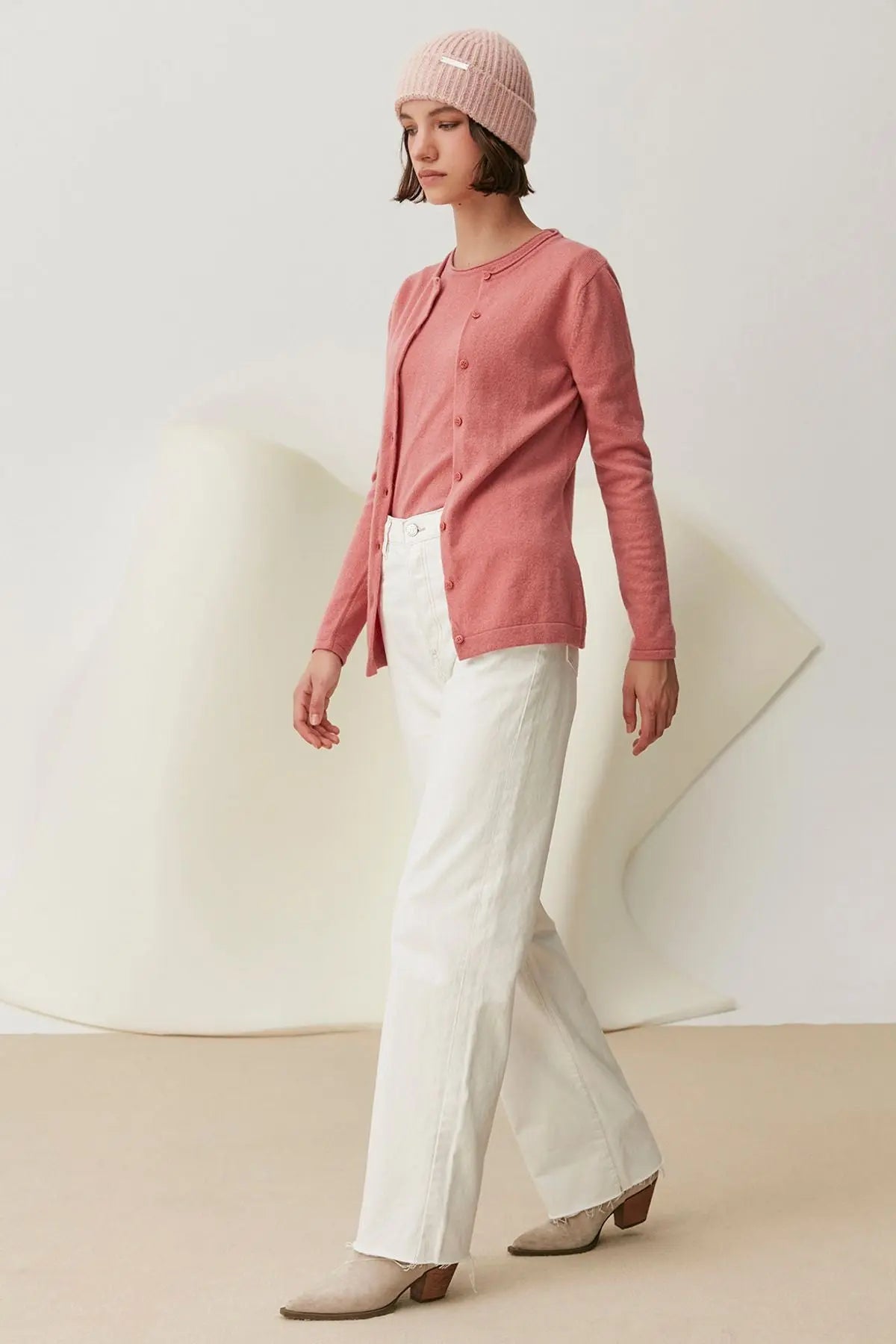 Gül Kurusu Saf Kaşmir Yuvarlak Yaka Uzun Kollu Basic Hırka Silk and Cashmere