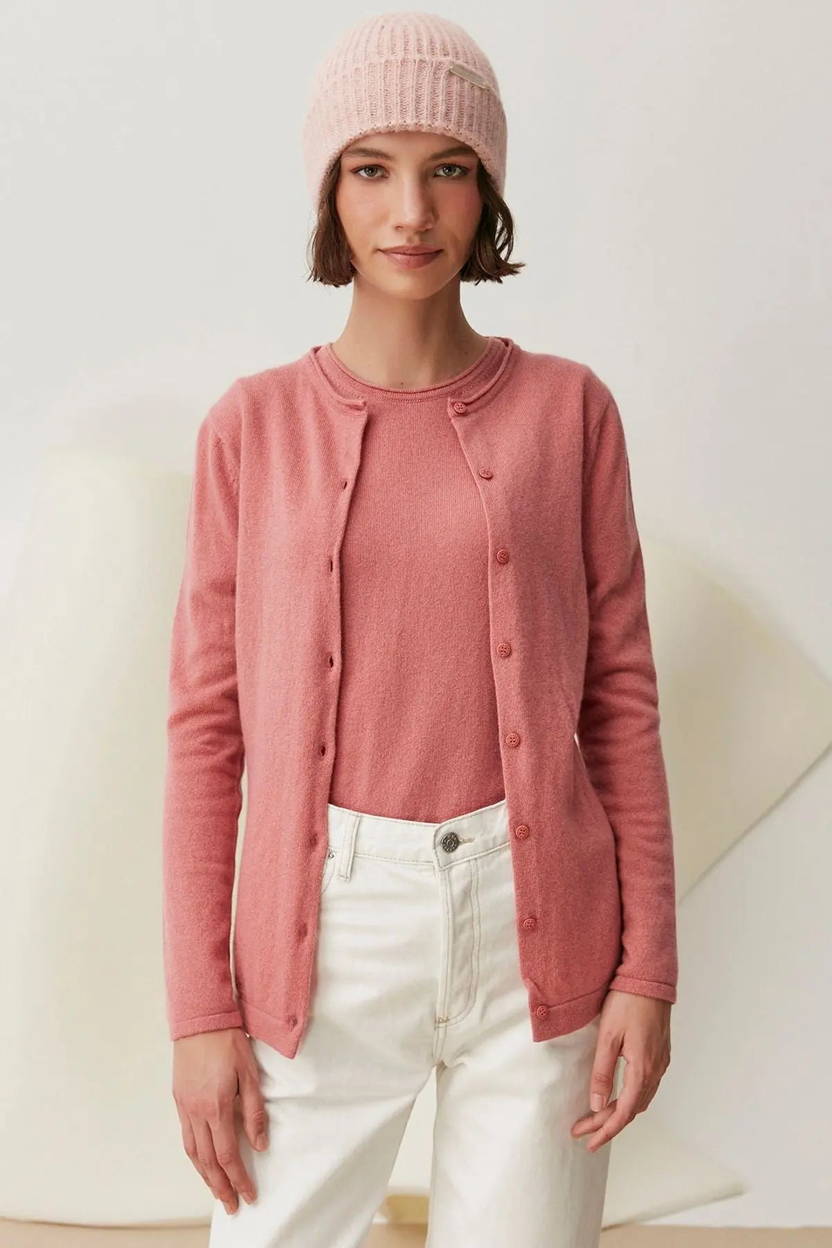 Gül Kurusu Saf Kaşmir Yuvarlak Yaka Uzun Kollu Basic Hırka Silk and Cashmere